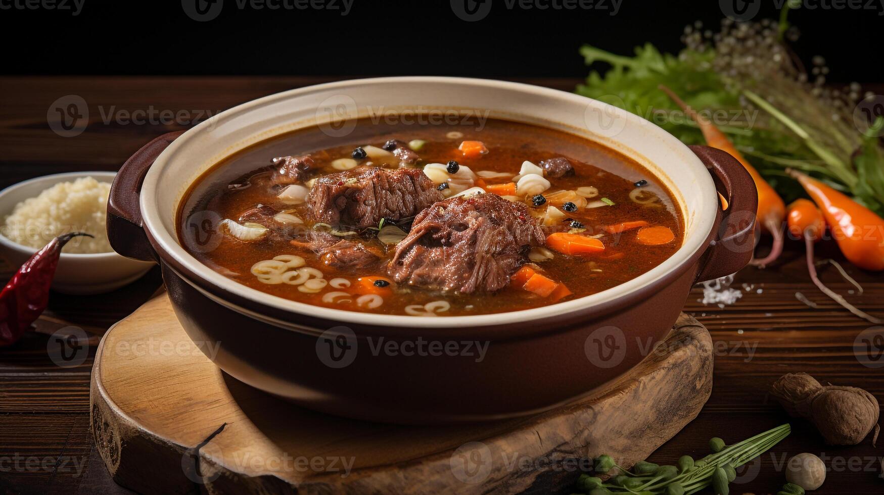 A bowl of oxtail soup on black background photo