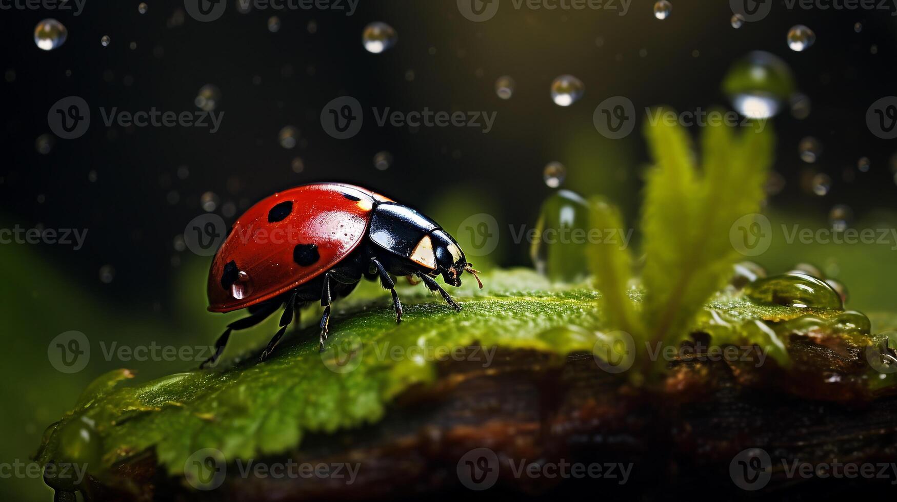 Macro photo of lady bug on the leaf