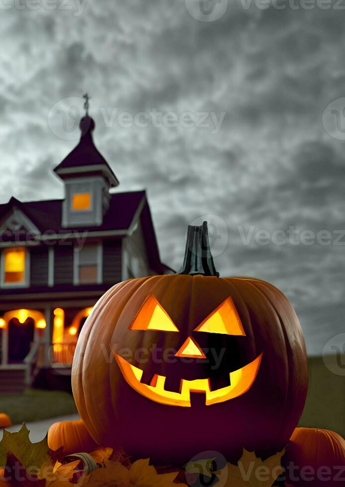 Halloween pumpkins in front of a haunted house. Generative Ai. photo