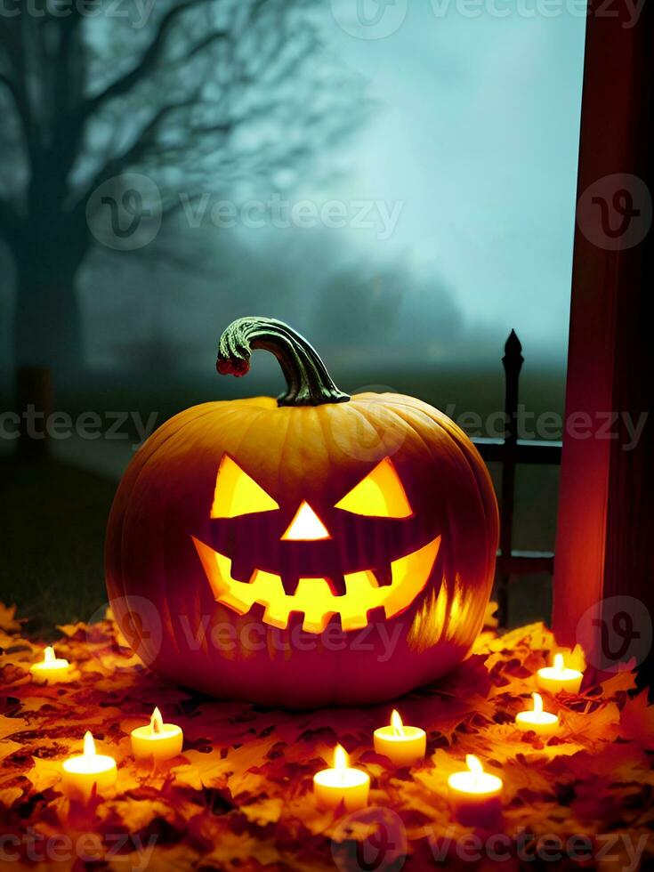 Halloween pumpkin head jack lantern with candles at night. Generative Ai. photo