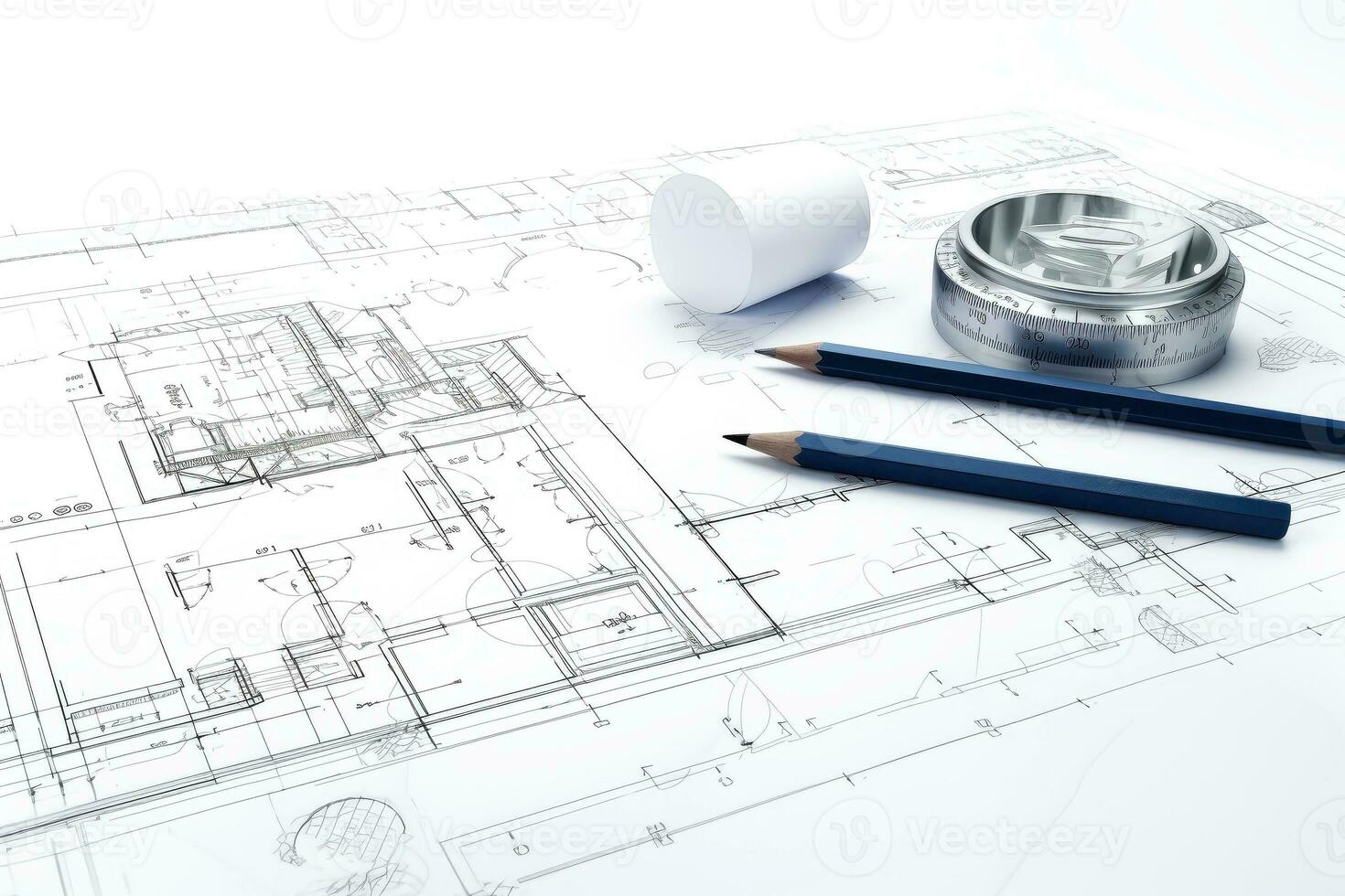 Image of several drawings for the project engineer jobs, Architectural drawings and tools, architect concept, Generative AI illustration photo