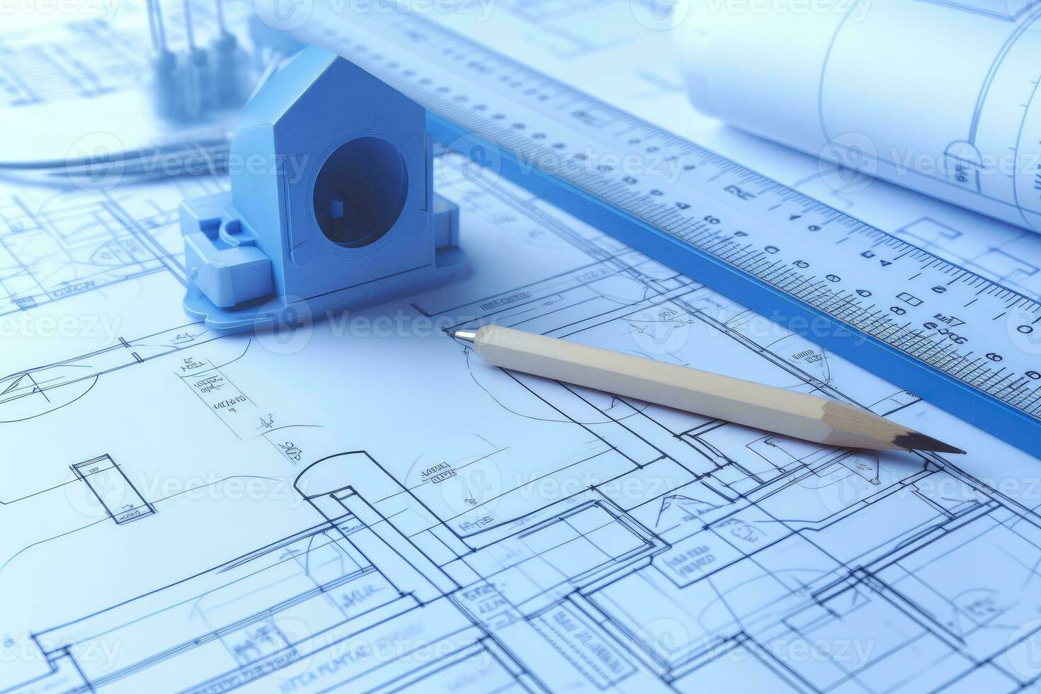 Image of several drawings for the project engineer jobs, Architectural drawings and tools, architect concept, Generative AI illustration photo