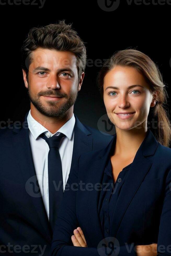 Successful young business partners in formal clothes posing and looking at camera, Generative AI illustration photo