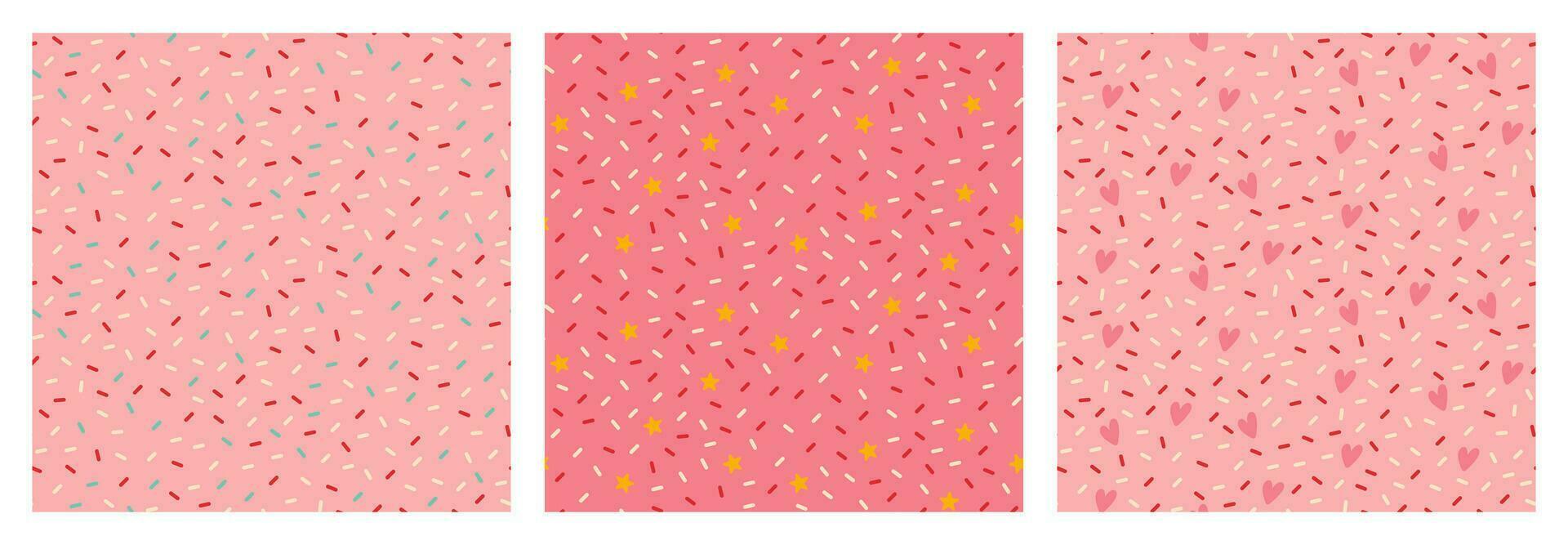 Collection of three seamless pattern with decorative bright sprinkles texture on pink background. vector
