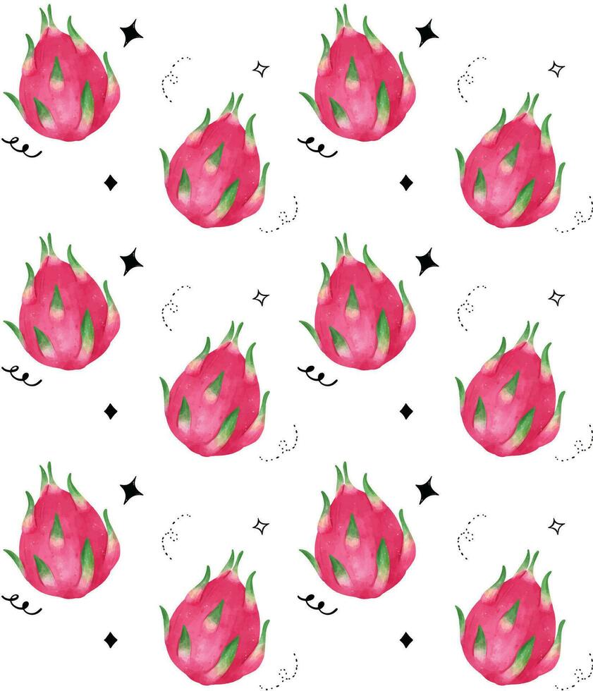 Dragon Fruit Watercolor Seamless Pattern isolatted on White Background vector