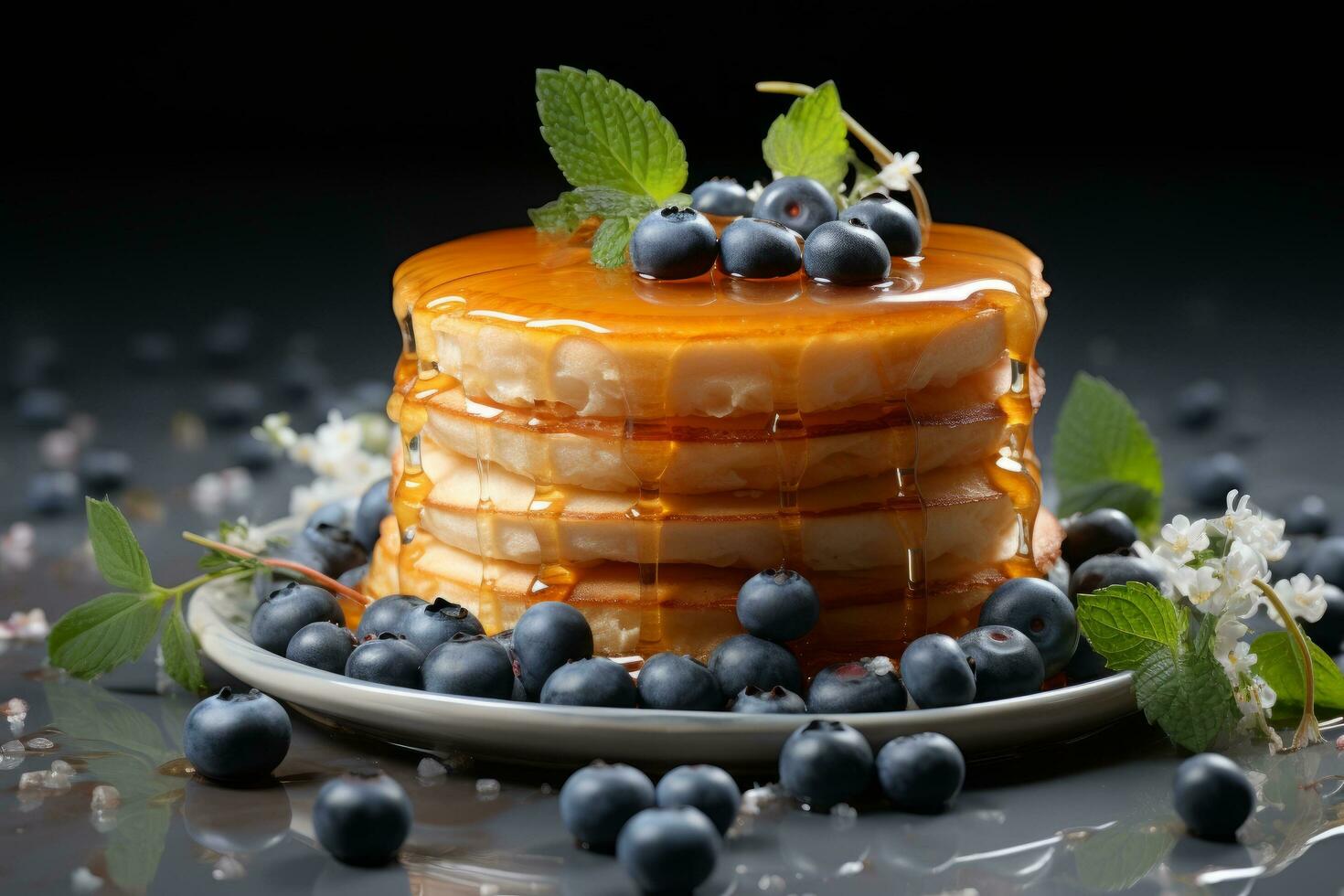 Delicious honey cake with black berries AI Generative photo