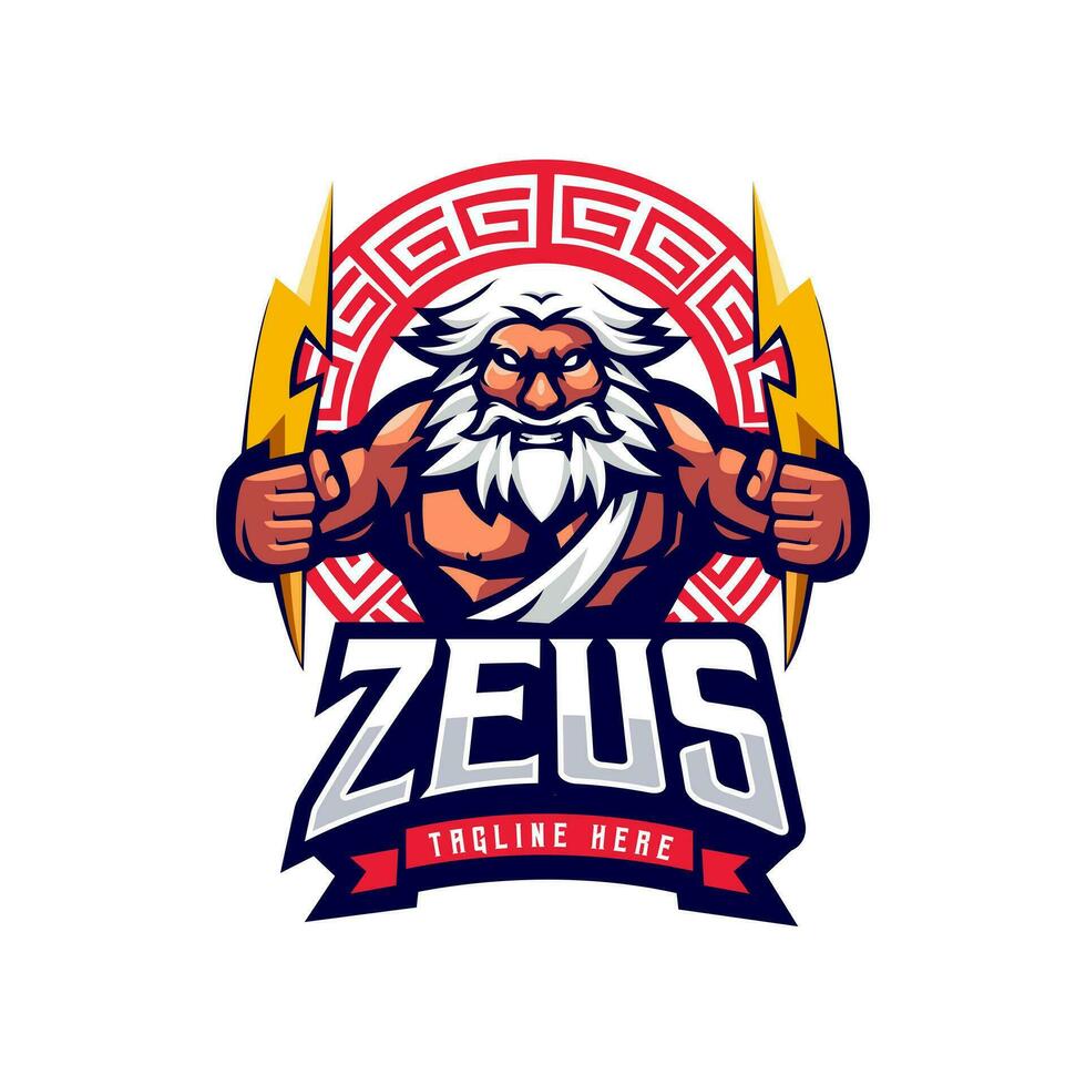 Dios Zeus participación rayo aislado en blanco antecedentes mascota logo para deporte y juego de azar vector