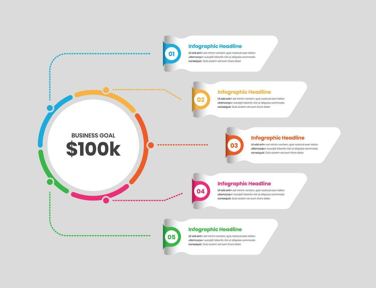 Business goal presentation five point strategy overview infographic template vector