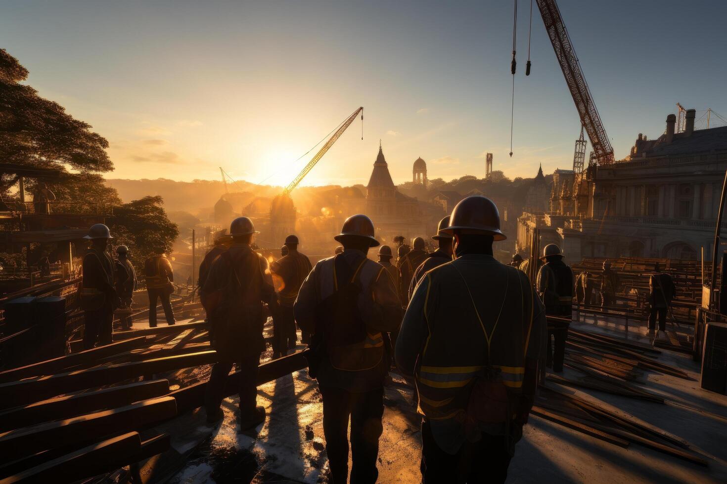 Silhouette of Engineer visiting the construction site in the evening time, photo