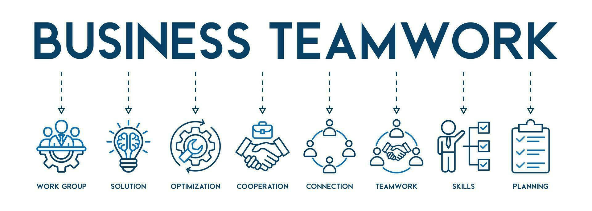 Business teamwork concept icons banner web icon vector illustration with of work group, solution, optimization, cooperation, connection, teamwork, skills, planning