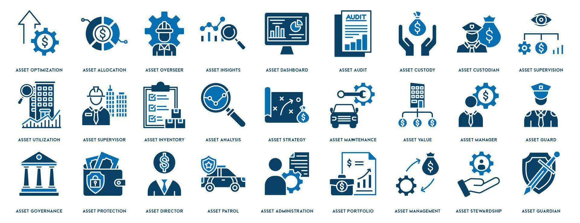 Asset management icon set. Contains such icons as audit, investment, business, stability and more, can be used for web vector