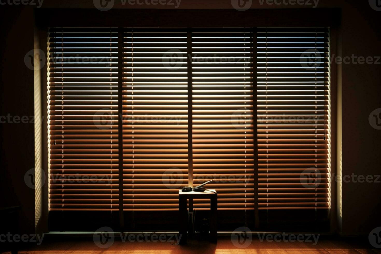 Wooden blind curtain at window. Generative AI photo