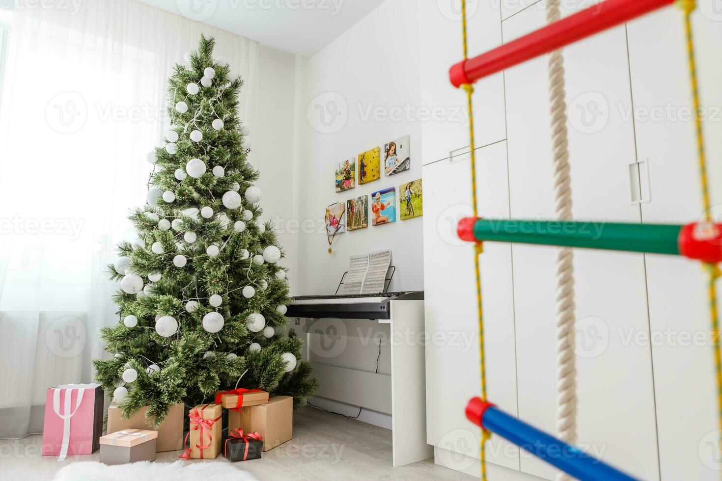 Merry Christmas and Happy Holidays A beautiful living room decorated for Christmas. photo