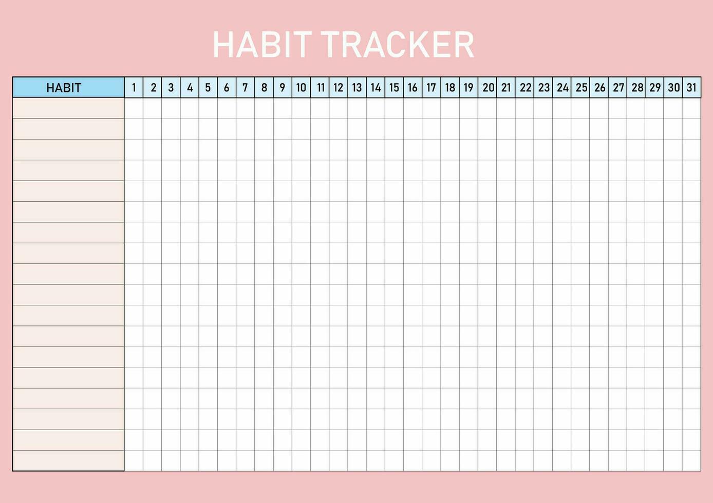 Vector grid Habit tracker per month. pink plue