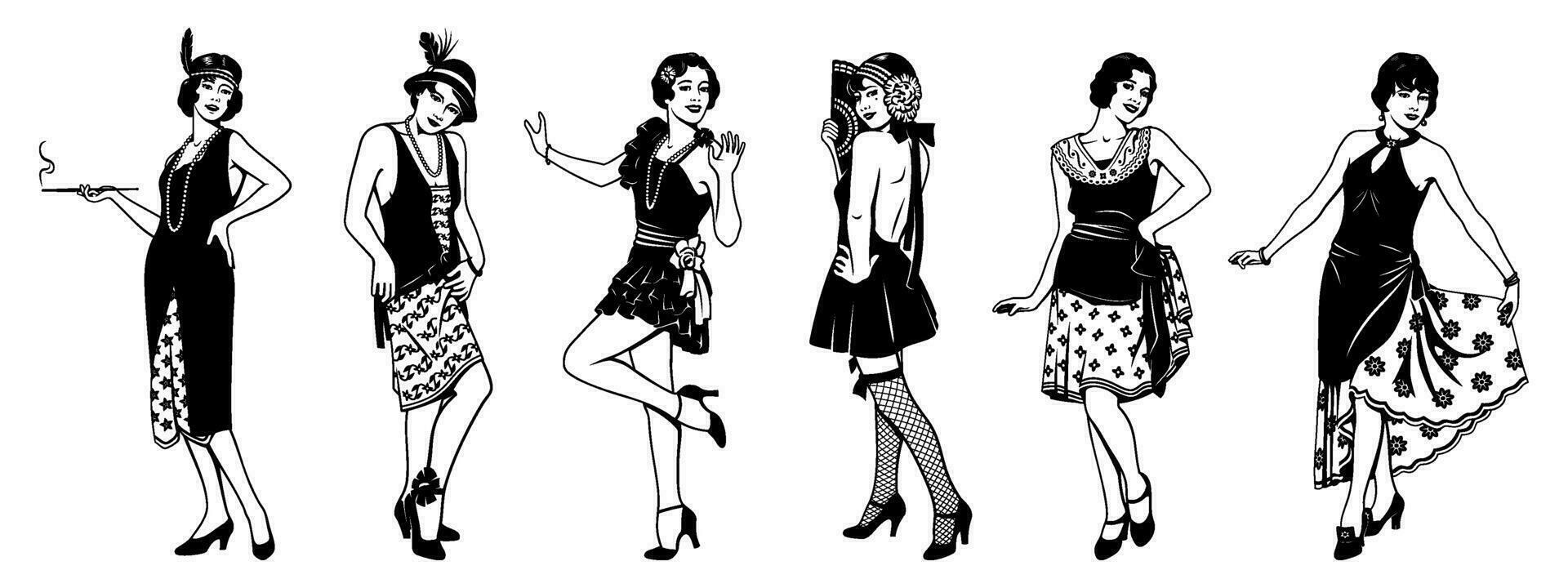 Pretty women of 20s. Flapper Girls Collection. Black and white ink style vector cliparts isolated on white.