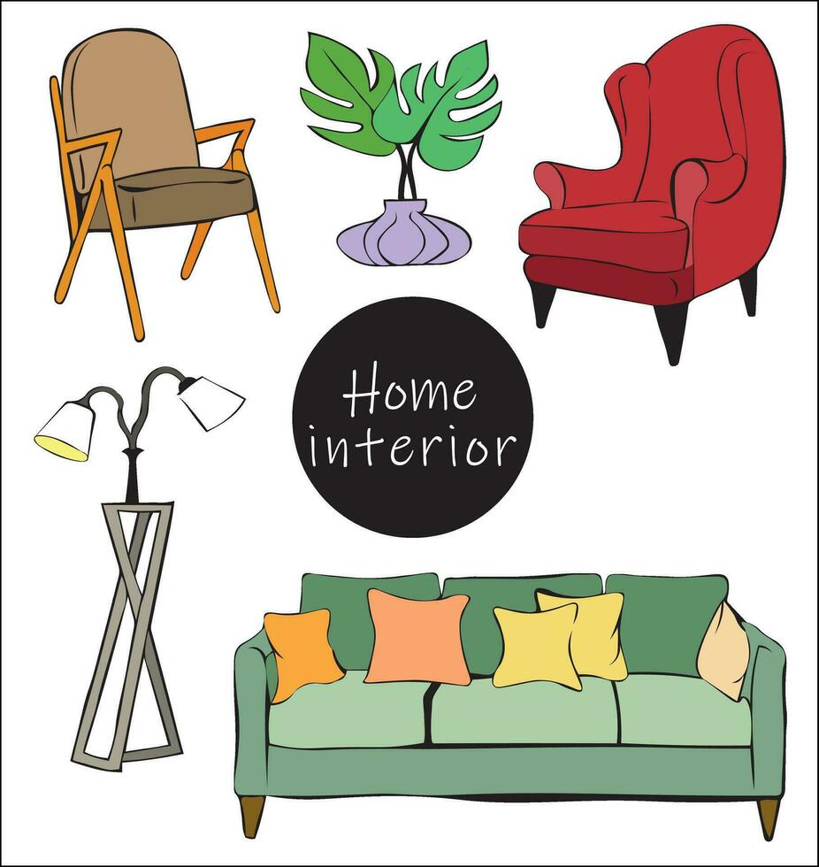 conjunto de tapizado muebles, sillones y interior artículos para vivo habitación, hogar interior en escandinavo o higge estilo. tapizado mueble para comodidad y decoración. vector