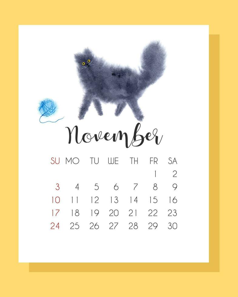 November calendar 2024 with hand drawn watercolor black cat. Calendar