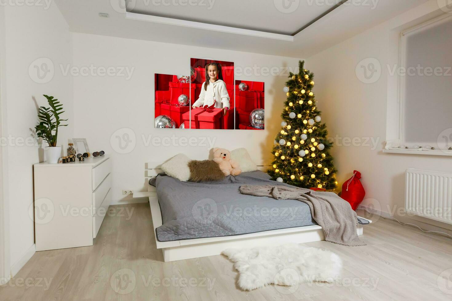 A living room at Christmastime lit only by the Christmas tree. photo