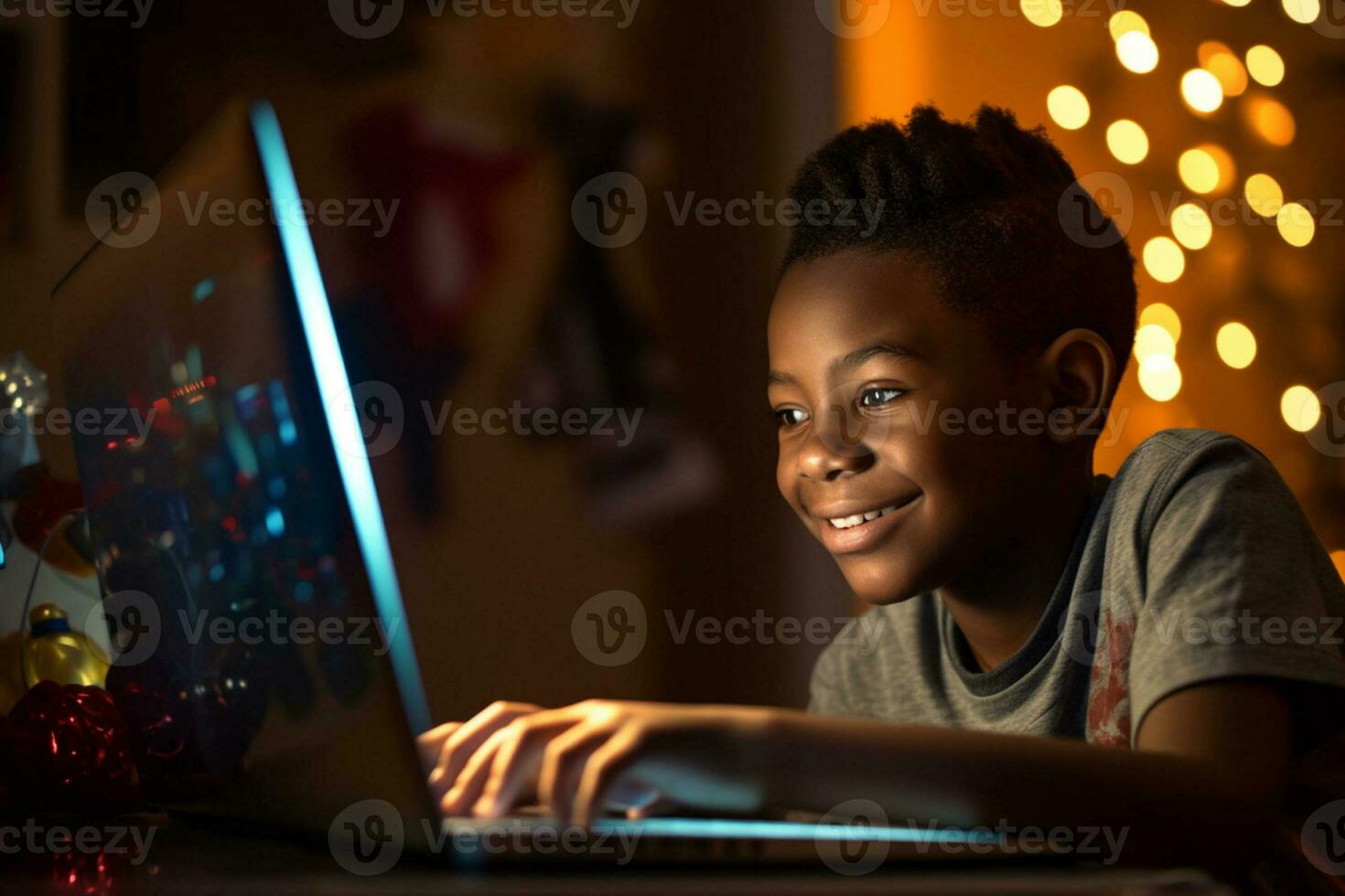 Front view of African American boy playing game on digital tablet at dining table in kitchen at home Generative AI photo