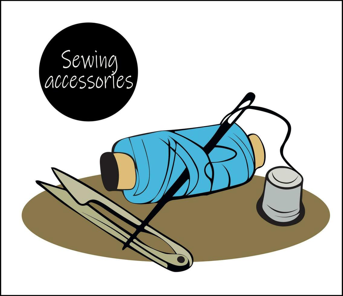 Set of sewing accessories for needlework and sewing. spool of thread with needle, thimble for dressmaker. vector