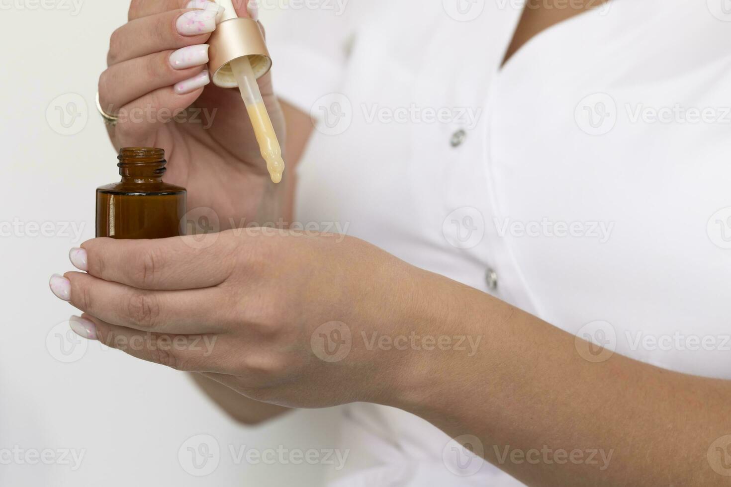 Closeup Real Beautician Applies Multi Recovery Skin Serum, Hyaluronic On Skin, Holding Brown Bottle With Cream And Pipette. Skin Hydration, Repair. Cosmetics, Beauty Concept. Body Care, Horizontal photo