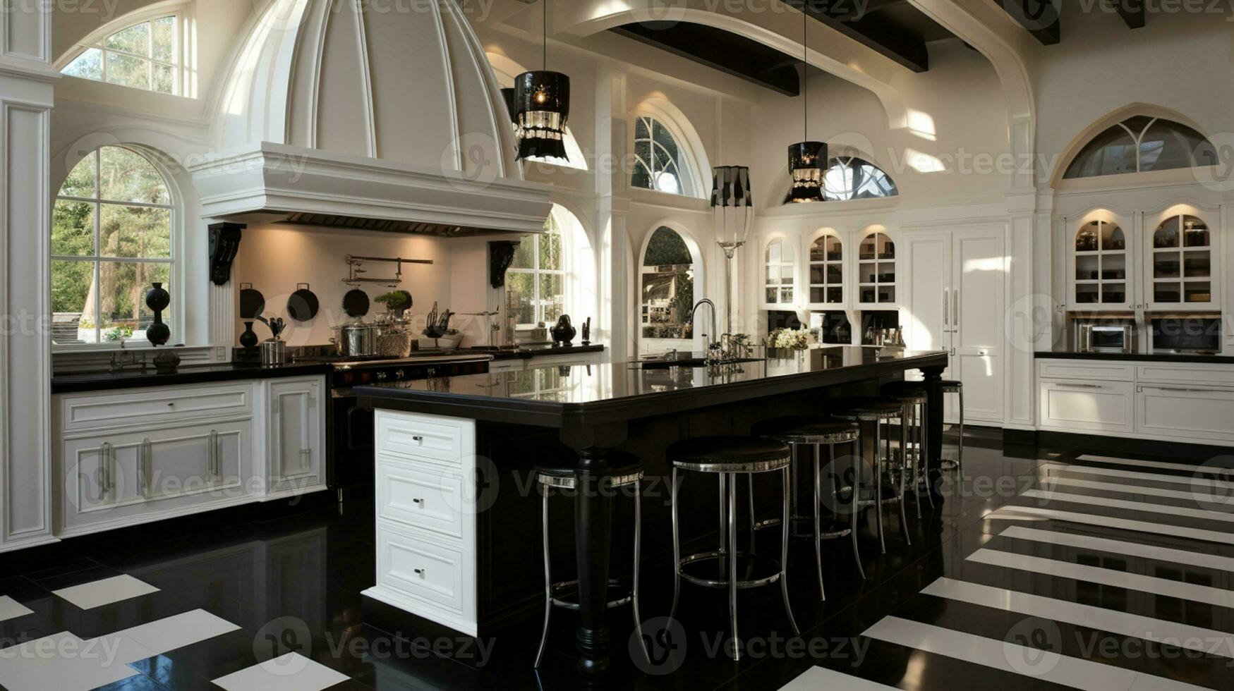3D illustration of kitchen interior in a modern building big light cooking and dinner area Generative AI photo