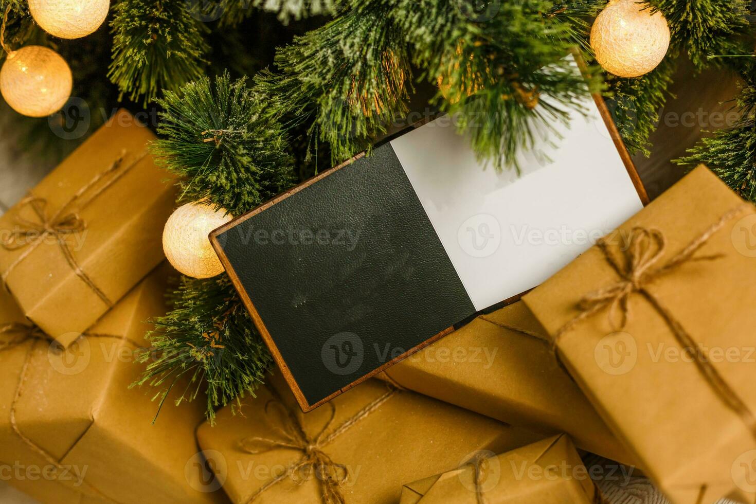 open book with christmas decoration on Christmas background photo