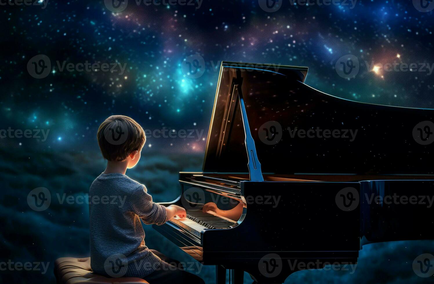 Kid play piano under stars. Generate Ai photo