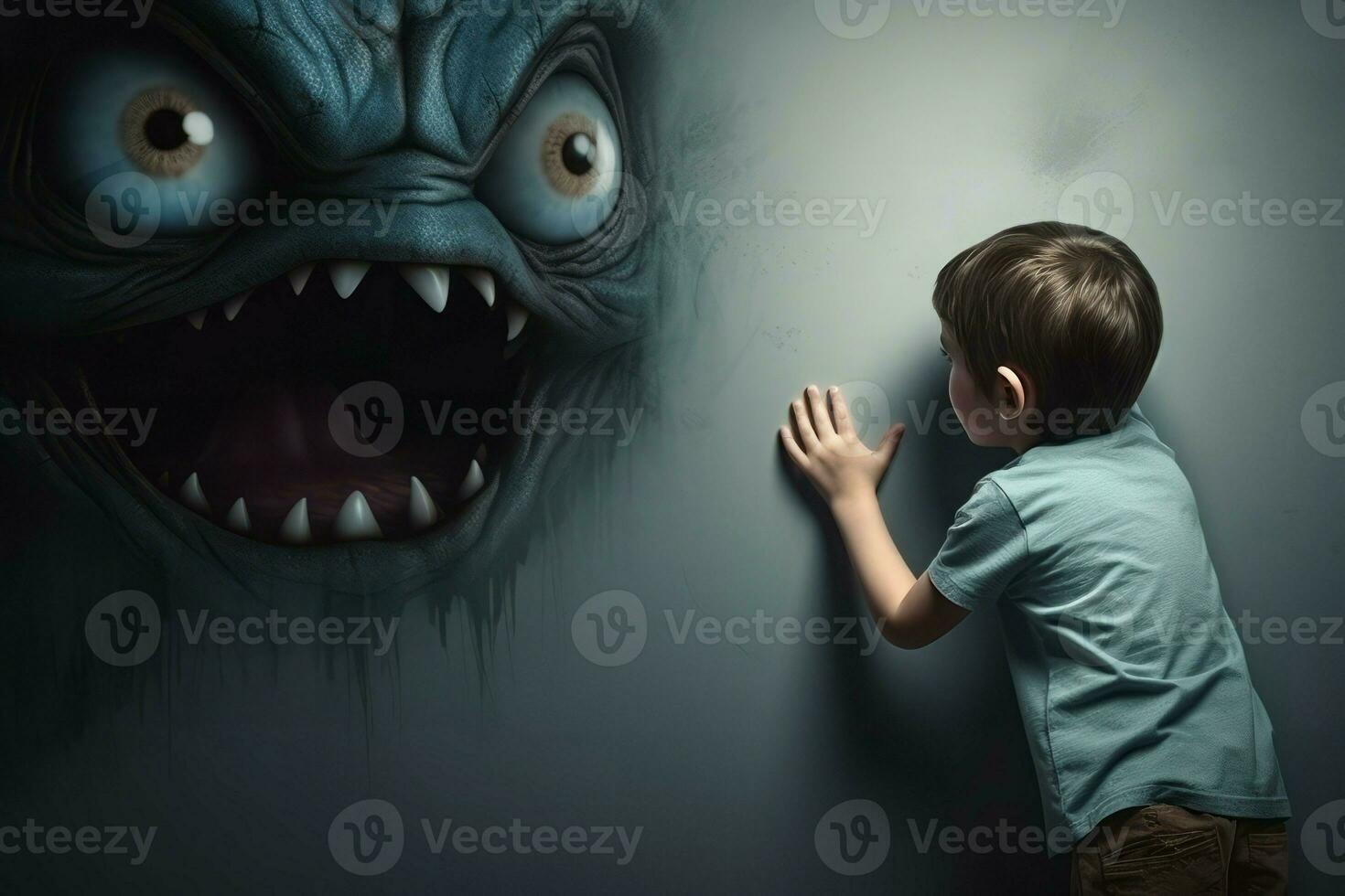 Little boy night monster. Generate Ai photo
