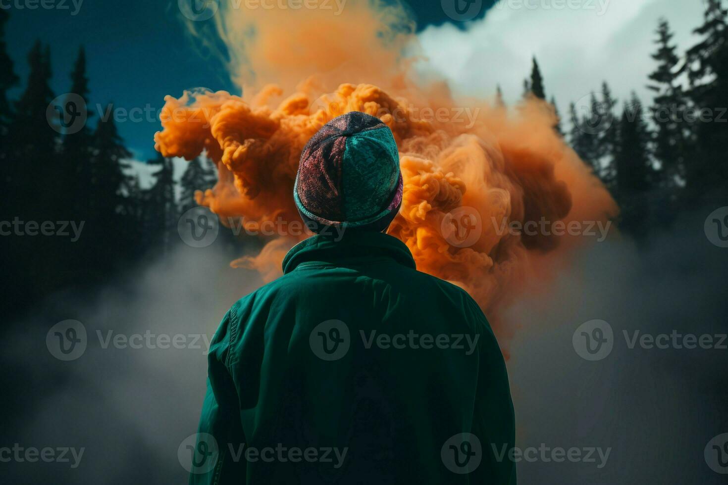 Man orange smoke. Generate Ai photo