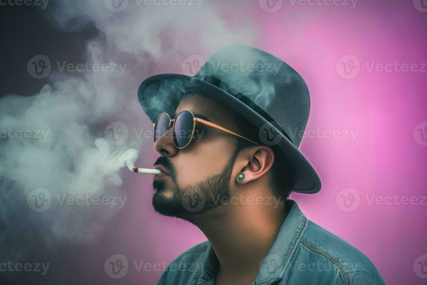 Man smoking hat pink background. Generate Ai photo