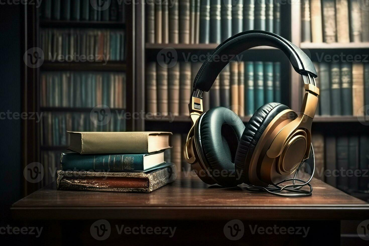 Headphones library old audio books. Generate Ai photo