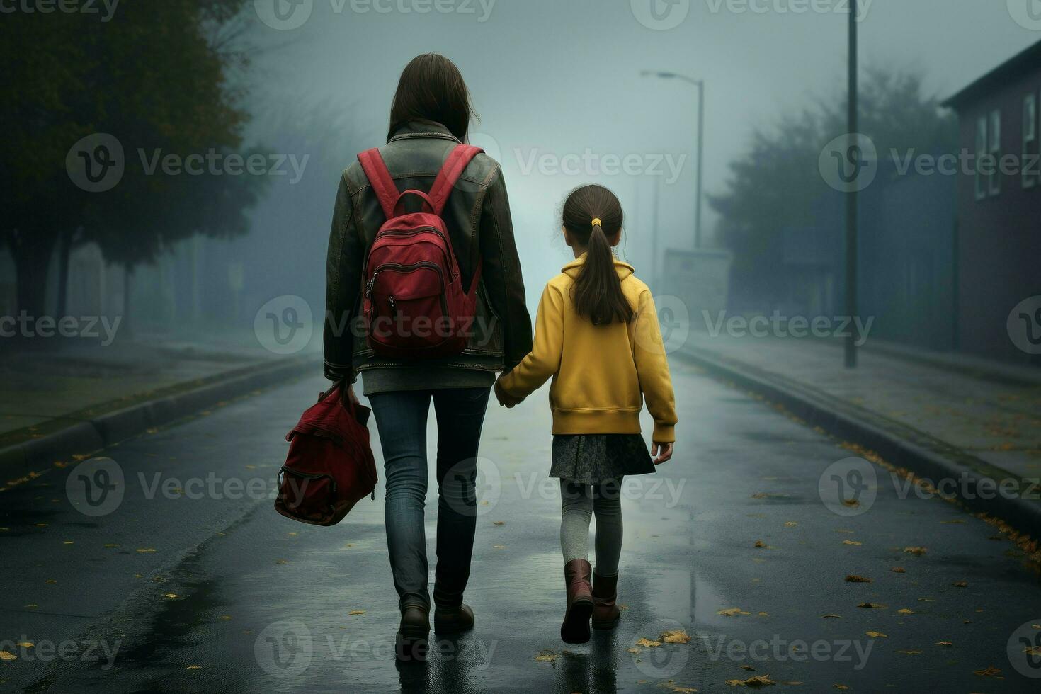 Mother taking daughter school. Generate Ai photo