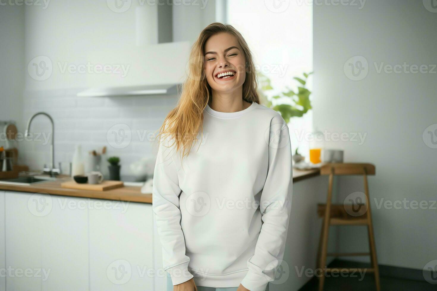 Happy girl at kitchen. Generate Ai photo