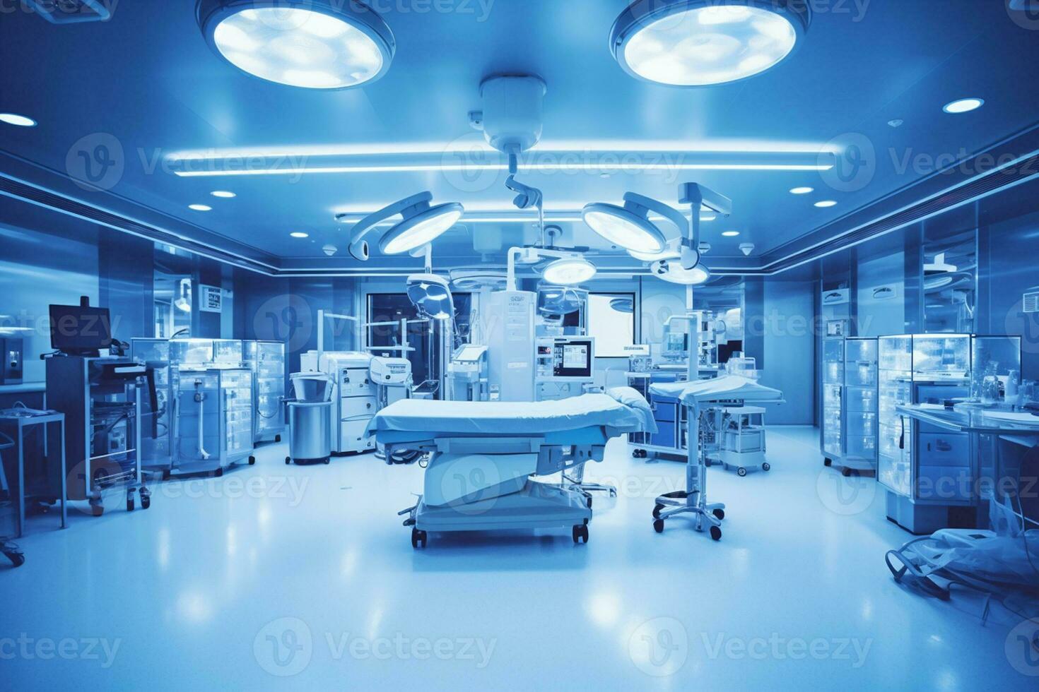 Empty operating room with patient lying under cover Generative AI photo