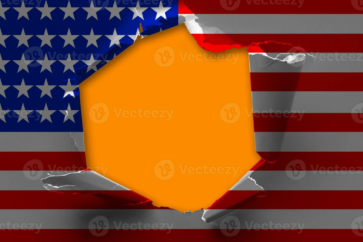 The concept of national flag on denim background with a hole usa photo