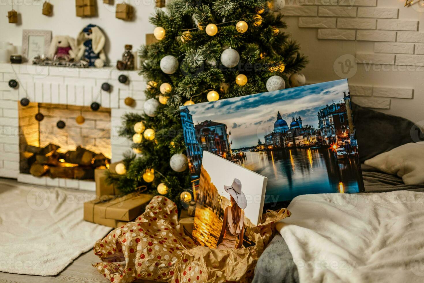 Square canvas in interior. Mock up poster. Christmas and New Year concept. photo