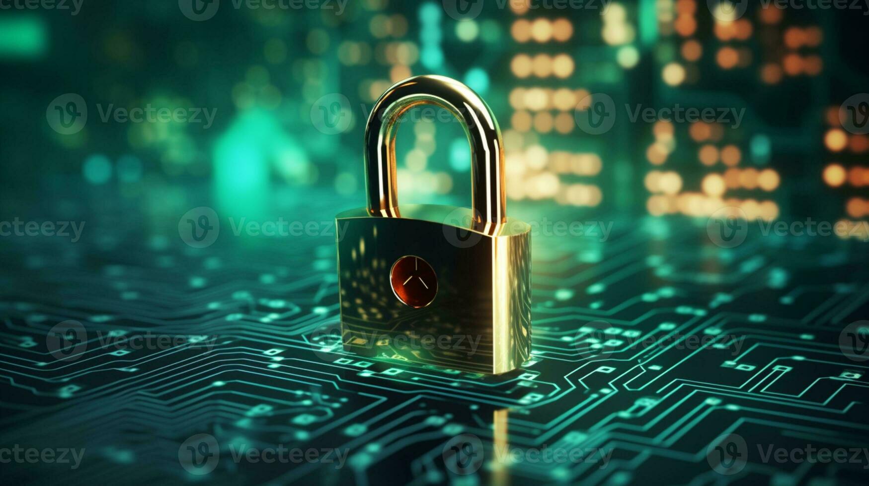 tech background with padlock on circuit modern safety cybersecurity concept ai generative photo