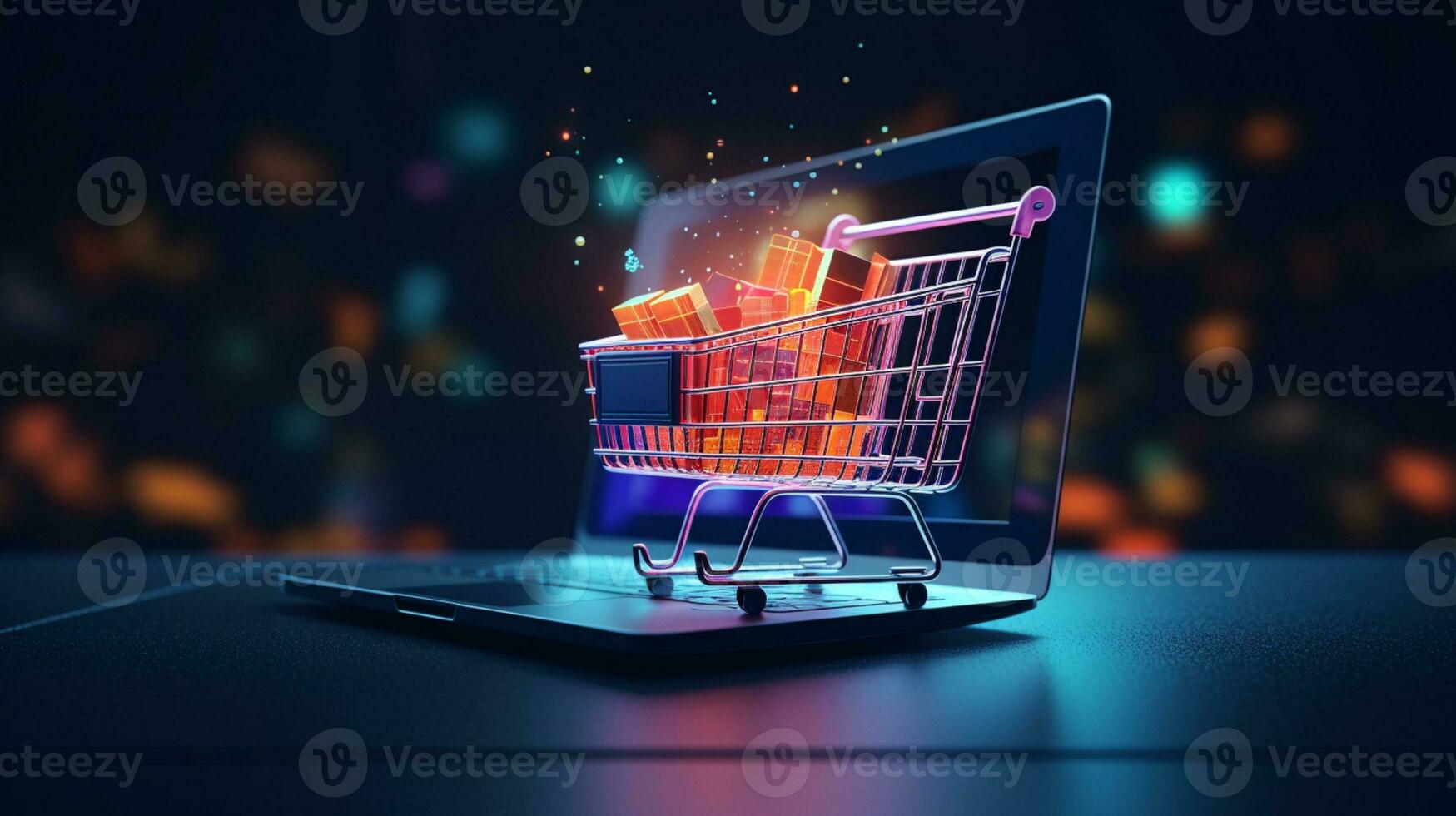 A shopping cart emitting from laptop shopping concept ai generative photo
