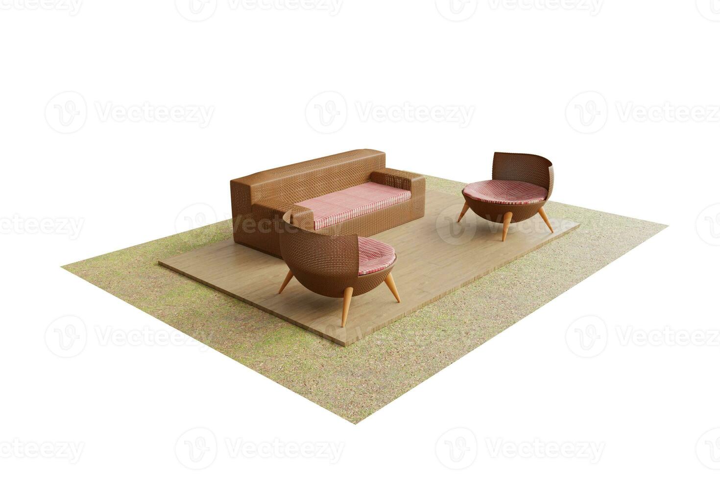 moderno estilo marrón rota mueble colocar, rota sillas para sentado en el jardín. césped o balcón elegante diseño sofá en al aire libre o interior de madera piso. representación 3d ilustraciones - recorte camino foto
