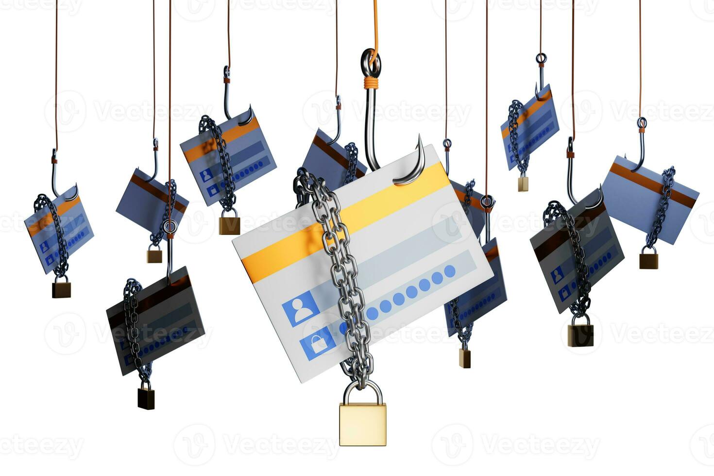 Credit card, account with silver metal chain and golden lock The concept of technological disaster prevention Financial security, bank, 3D illustration rendering photo