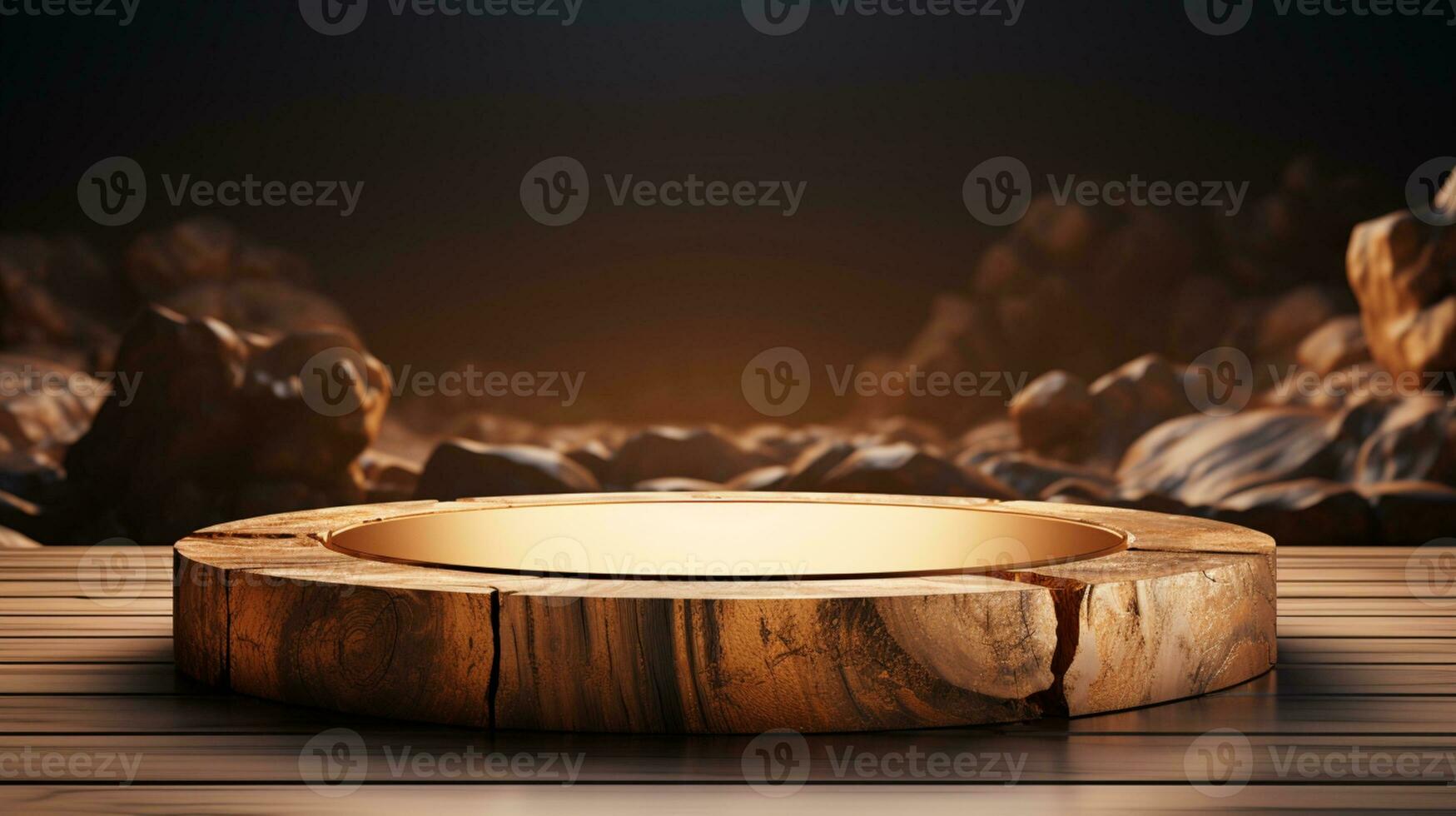 3d rendered wooden and golden Luxury Empty stage for product podium and stone wall background AI Generative photo