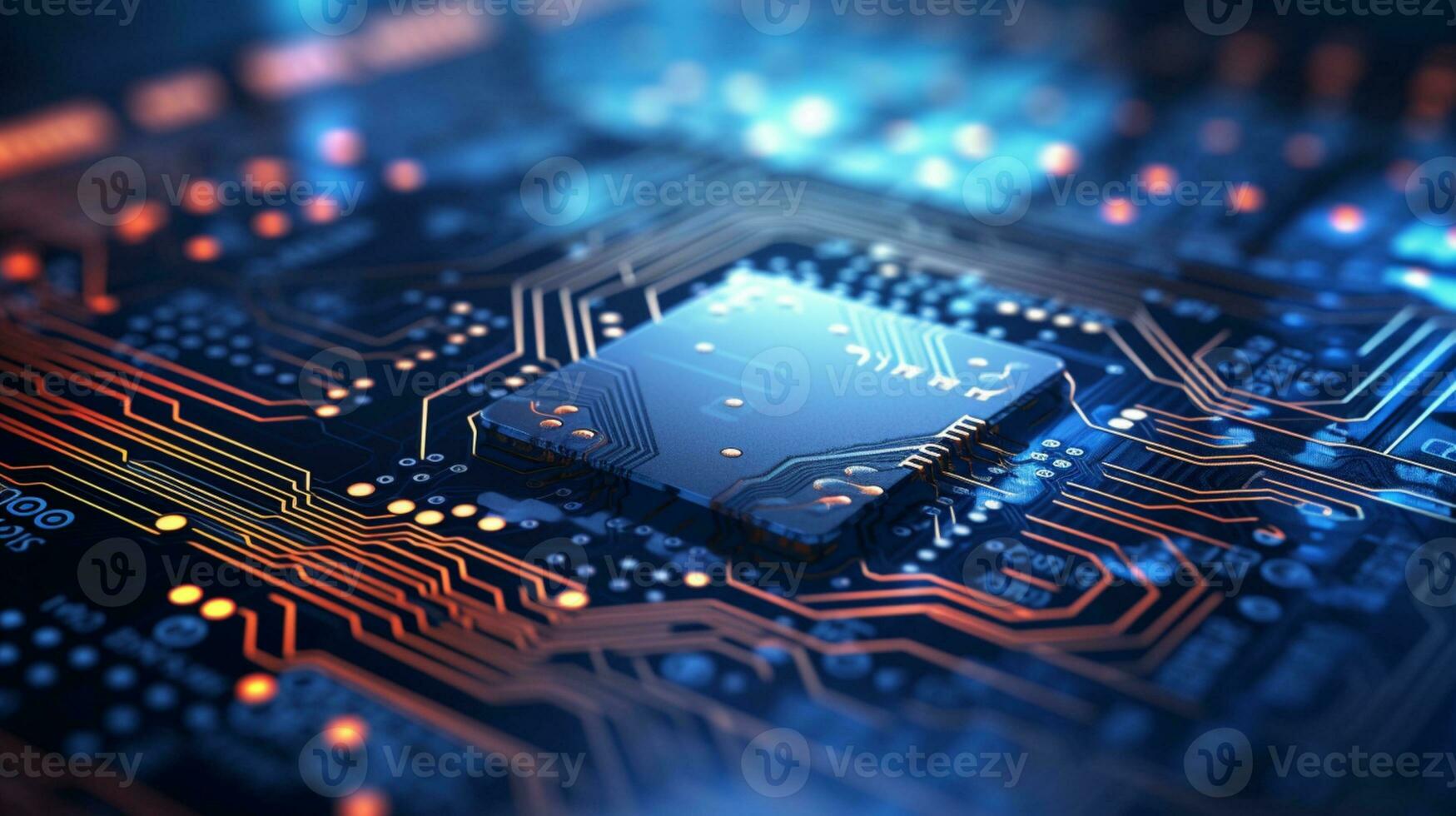 Closeup of electronic circuit board with cpu microchip electronic components background ai generative photo