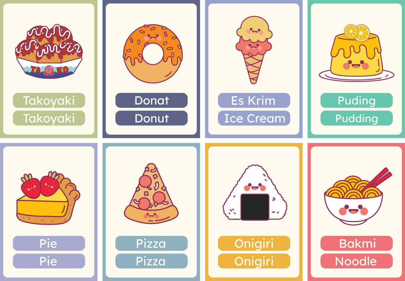 flat design vector cute food flashcard studying learn printable for kids activity