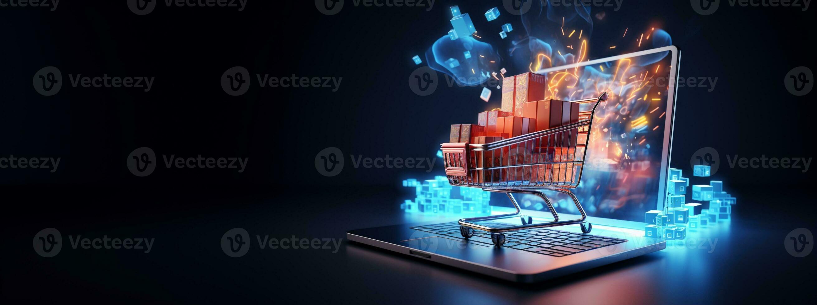 A shopping cart emitting from laptop shopping concept ai generative photo