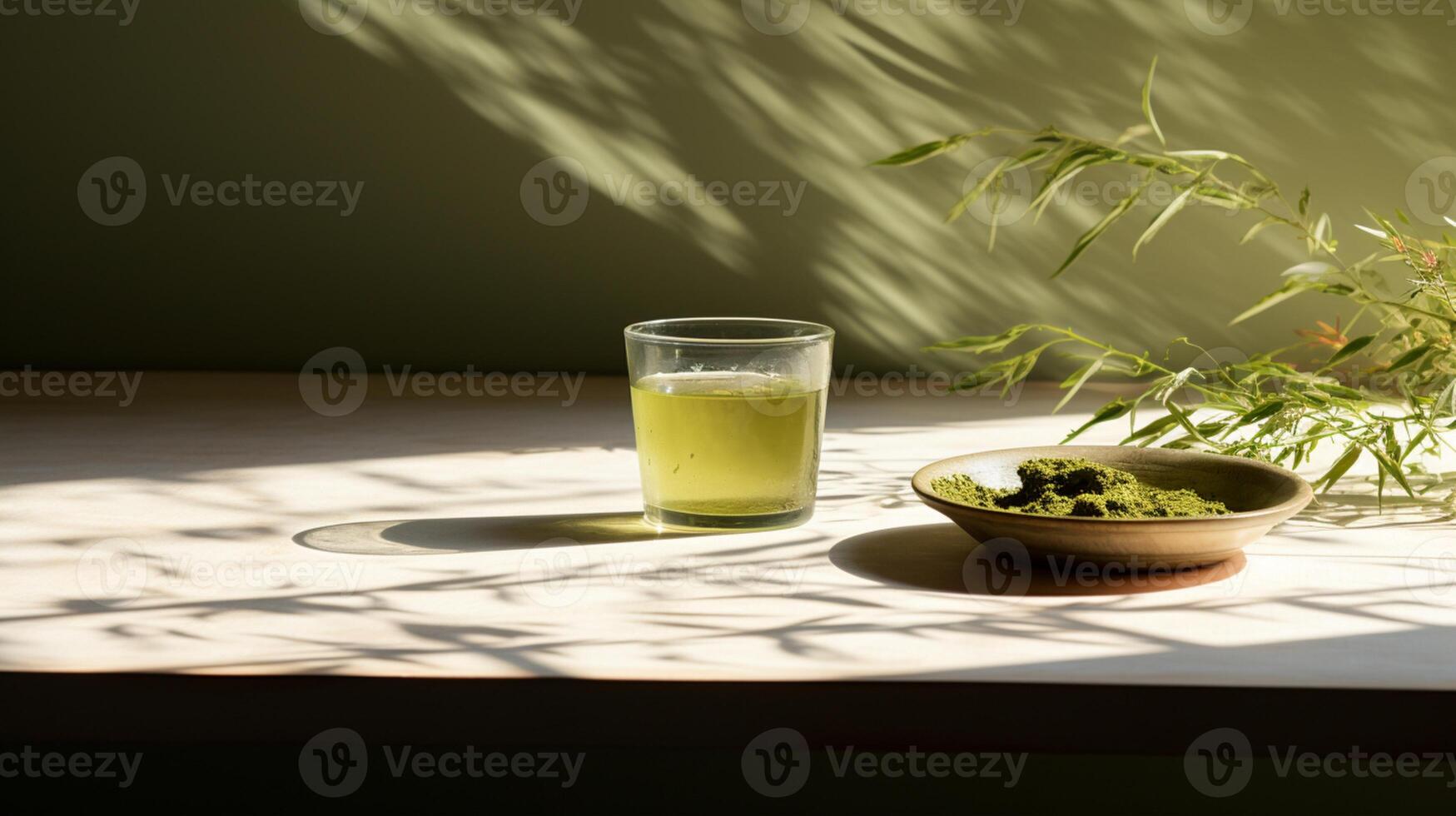 flat lay cup of tea and natural herbs leaves photo