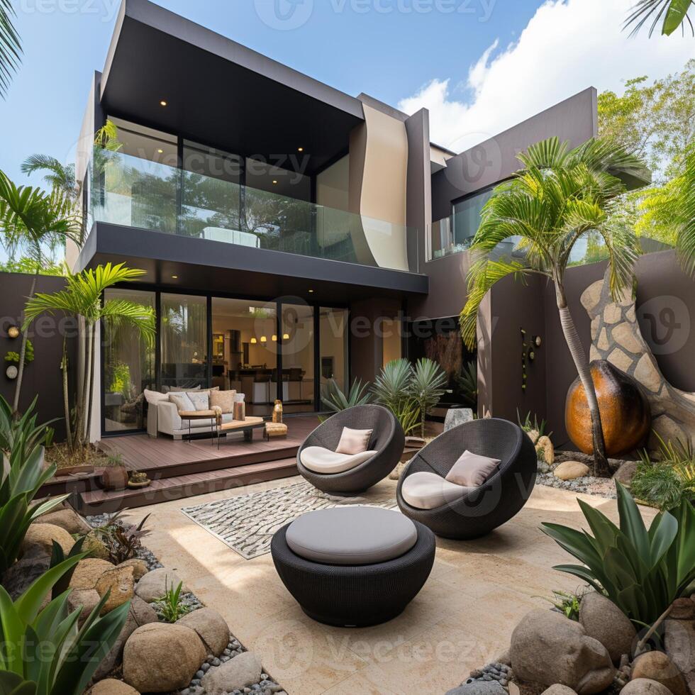 Luxury home with modern architecture, landscaped garden, and stylish outdoor furniture AI Generative photo