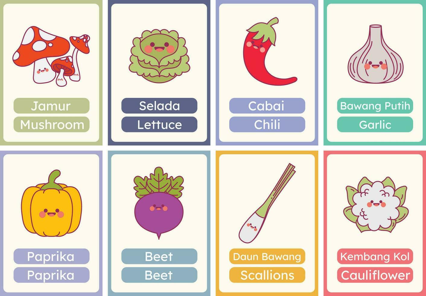 flat design vector cute veggie vegetable flashcard studying learn printable for kids activity