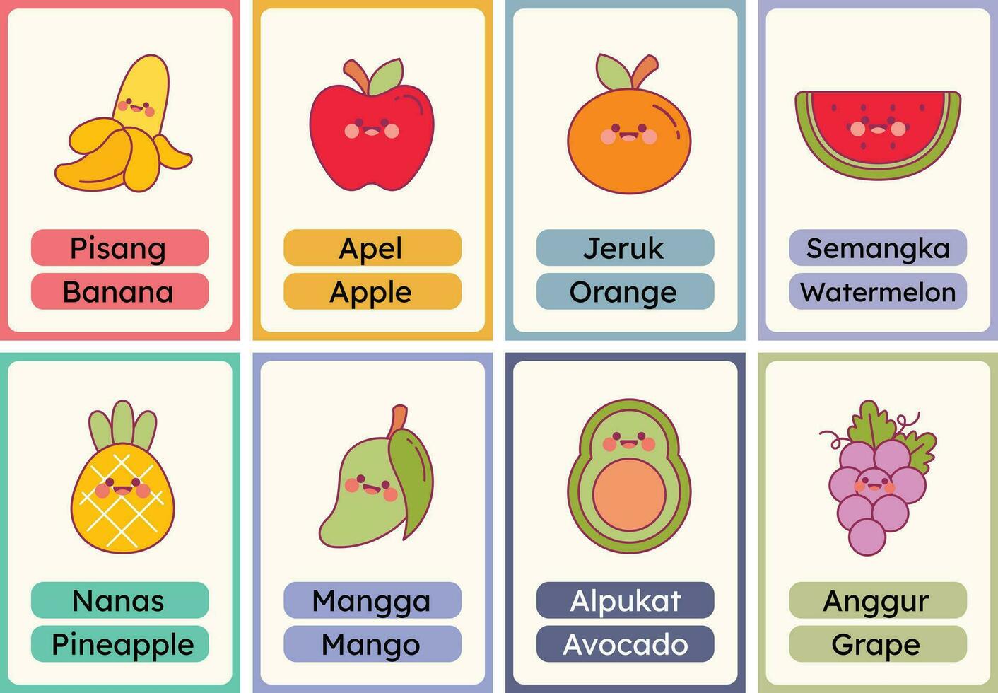 flat design vector cute fruits flashcard studying learn printable for kids activity