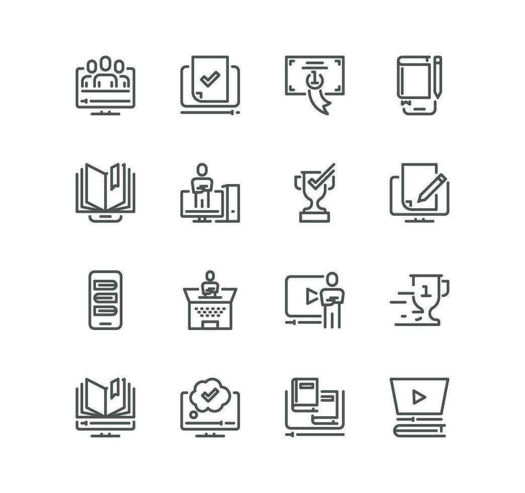 Set of online education related icons, online course, audio book, distance study, video tutorial, lecture, education plan and linear variety vectors. vector